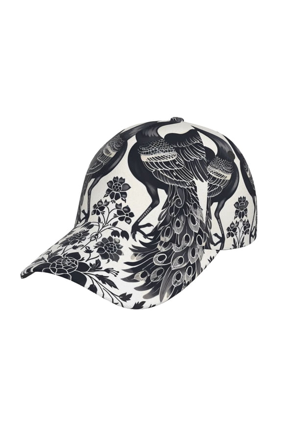 Artistic Black White Peacocks Pattern Mens Baseball Cap Adjustable Curved Brim Hat, Soft Cotton Sports Cap for Outdoor, Casual, and Everyday Wear, Comfortable & Breathable