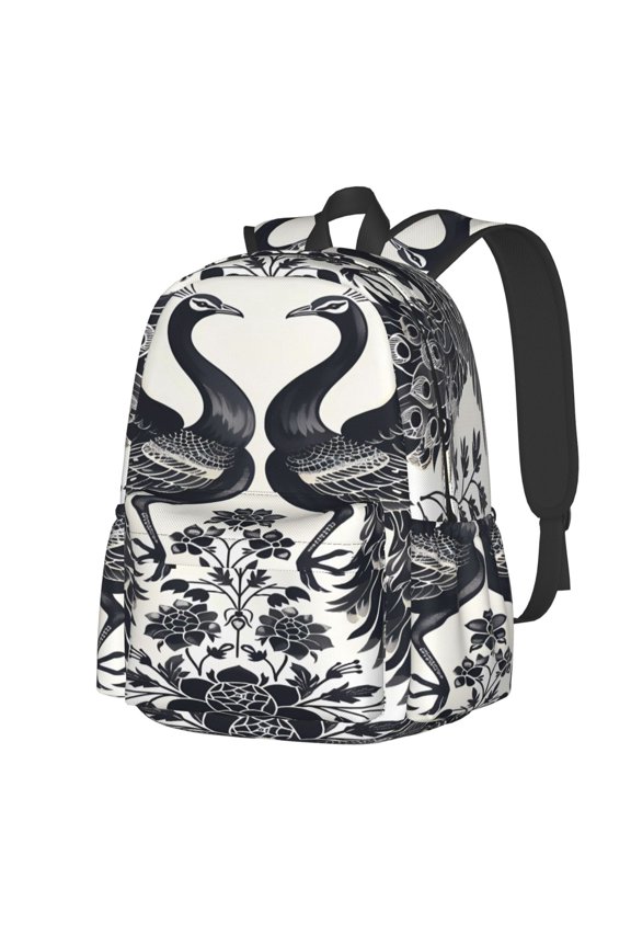 Artistic Black White Peacocks Pattern Student Backpack,Backpack for School,Lightweight Bag,Travel Backpack,Outdoor Backpack,Large Capacity Backpack
