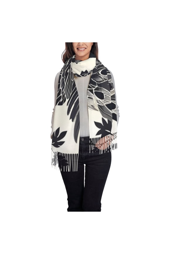 Artistic Black White Peacocks Women's Traditional Scarf Wrap Tassel Shawl Fringes Neck Head Shawl Retro Scarf