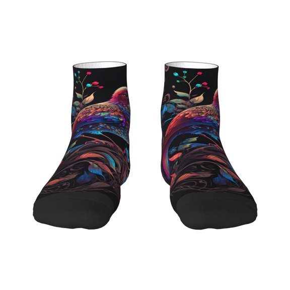 Rateoe Artistic Colorful Bird Pattern Quarter Crew Socks,Toe Seamed Ankle Socks,Cotton Cushioned Breathable Athletic Crew Sports Socks