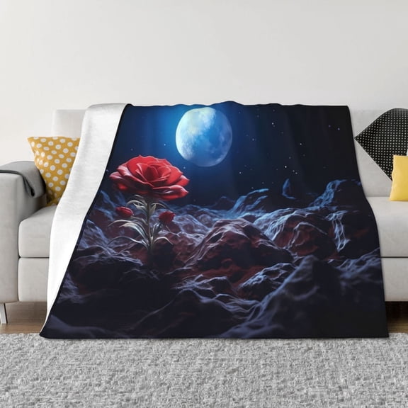 Rateoe Artistic Moon Rose Pattern Flannel Throw Blanket, Ultra-soft Blanket for Bed, Couch, Car, Hypoallergenic Anti-pilling blanket-