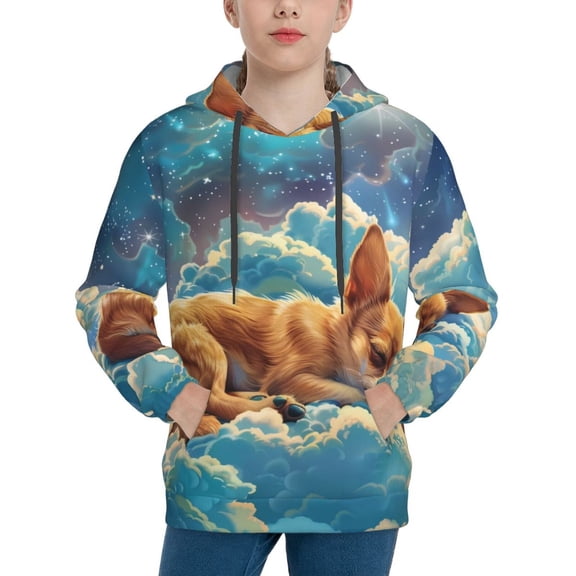 Rateoe Artistic Starry Sky Cloud Dog Pattern Boys Hoodie, Youth Pullover Hooded Sweatshirt, Kangaroo Pocket Hoodie for Kids-Large