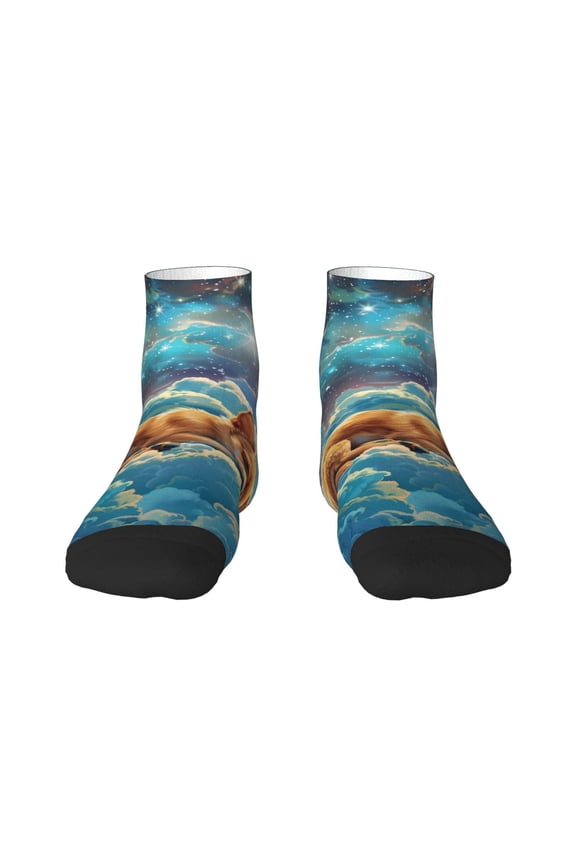 Artistic Starry Sky Cloud Dog Pattern Quarter Crew Socks,Toe Seamed Ankle Socks,Cotton Cushioned Breathable Athletic Crew Sports Socks
