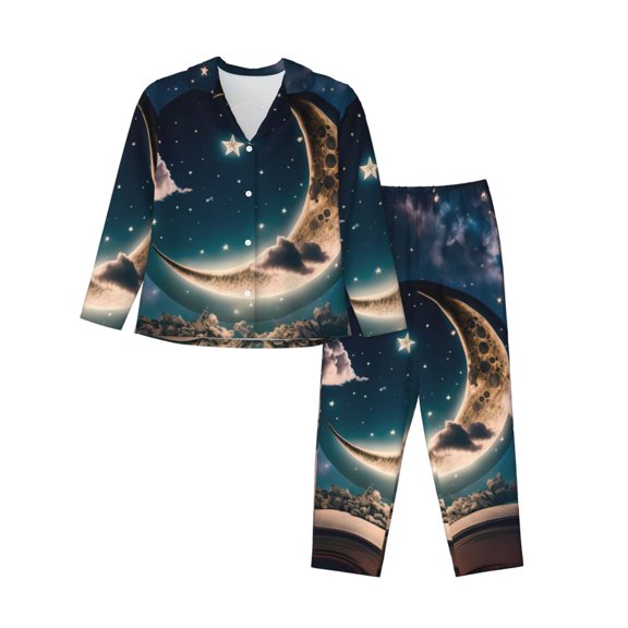 Rateoe Artistic Starry Sky Moon Book Pattern Womens Pajamas Set Long Sleeve Sleepwear Button Down Nightwear Soft Cotton Pj Lounge Sets