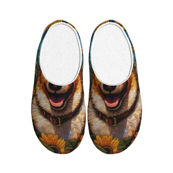 Rateoe Artistic Sunflower Corgi Print Women's Men's Cotton Knit Slippers Lightweight Memory Foam Indoor House Shoes with Anti-Skid Sole-46/47