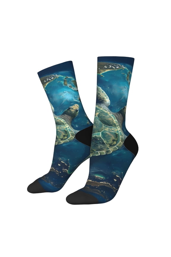 Artistic Turtle Earth for Women Casual Calf Socks - Cute Crew Socks - Thin Soft Above Ankle Socks Size 5-11