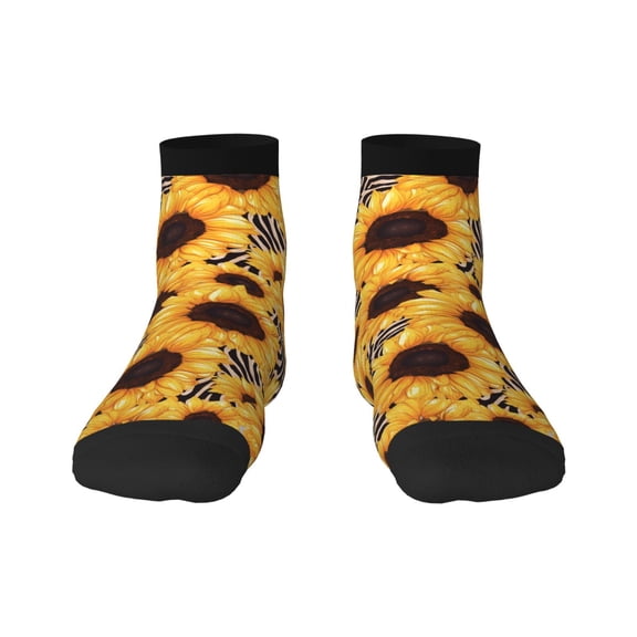 Rateoe Artistic Zebra Print Sunflower Pattern Quarter Crew Socks,Toe Seamed Ankle Socks,Cotton Cushioned Breathable Athletic Crew Sports Socks