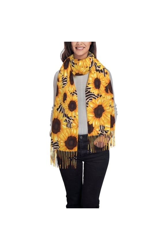 Artistic Zebra Print Sunflower Women's Traditional Scarf Wrap Tassel Shawl Fringes Neck Head Shawl Retro Scarf