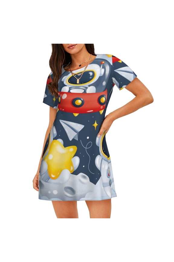 Astronaut And Space Print Women’s Nightdress – Cozy Cotton Short-sleeved Sleep Shirt, Loose-Fit Sleepwear, Perfect for Relaxing and Sleeping