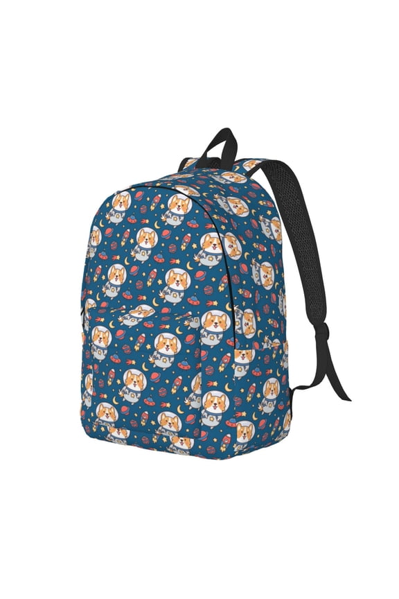 Astronaut Corgi Dog Pattern Durable Canvas Backpack for Men & Women – Stylish & Lightweight – Adjustable Straps, Multiple Pockets – Fits 15-17 Inch LaptopsMedium