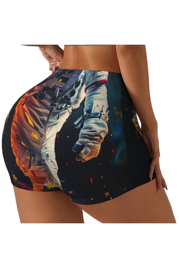 Astronaut Cosmic Rainbow Printed Power Workout Shorts for Women Tummy Control Squat Proof Ribbed Thick Seamless Scrunch Active Short-Large