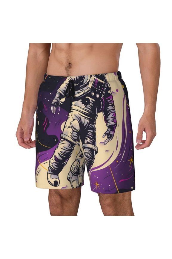 Astronaut Floating purple Space Pattern Men’s Swim Shorts with Compression Liner – Double-Layered Quick-Dry Swimwear, Comfortable & Stretchy Beach Shorts-X-Large