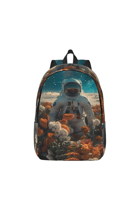 Astronaut Flower Field Pattern Canvas College Laptop Backpack,Travel Daypack,Durable Rucksack Travel Notebook Bag School Backpack Book Bag for Men Women-Medium