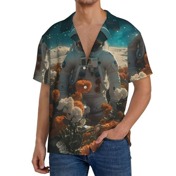 Rateoe Astronaut Flower Field Pattern Men's Short Sleeve Classic Shirt, Casual Short-Sleeved Shirt, Lightweight Summer Shirt, Cuban Collar Shirt,Button-Front Shirt-Medium