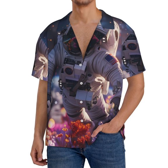 Rateoe Astronaut In Cosmic Garden Print Mens Front Pocket Hawaiian Shirts Casual Shirts Short Sleeve Button Down Beach Tropical Shirts-4X-Large