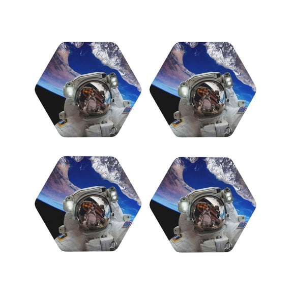 Rateoe Astronaut in Outer Space Drawing Drink Coasters Set of 4 Leather Coasters Spill Protection for Table Desk,Durable and Non Slip Leather Coaster ,4 Inches Drink Mats-Hexagon