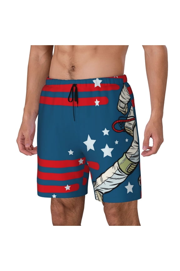 Astronaut Runs Forward Pattern Men’s Swim Shorts with Compression Liner – Double-Layered Quick-Dry Swimwear, Comfortable & Stretchy Beach Shorts-X-Large