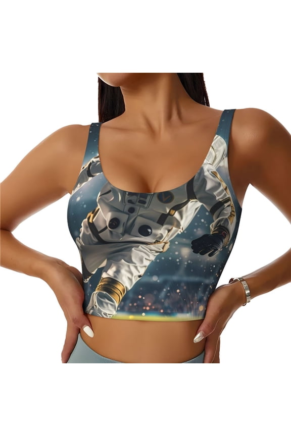 Astronaut Soccer Field Print Womens' Sports Bras Scoop Neck Sports Vest- Padded U Back Seamless High Impact Support-Large