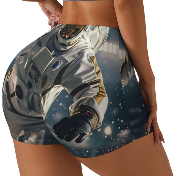 Rateoe Astronaut Soccer Field Printed Power Workout Shorts for Women Tummy Control Squat Proof Ribbed Thick Seamless Scrunch Active Short-Medium