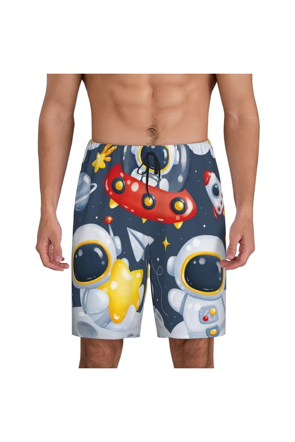 Astronaut And Space Print Men's Lounge Shorts – Soft & Breathable Pajama Bottoms with Pockets, Elastic Waistband, Lightweight Sleepwear for Nightwear & Loungewear-