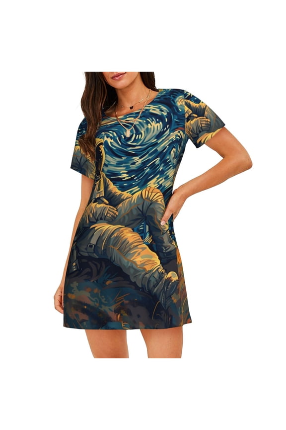 Astronaut Starry Night Print Women’s Nightdress – Cozy Cotton Short-sleeved Sleep Shirt, Loose-Fit Sleepwear, Perfect for Relaxing and Sleeping