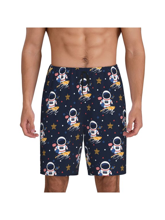 Astronaut Surfing Print Men's Lounge Shorts – Soft & Breathable Pajama Bottoms with Pockets, Elastic Waistband, Lightweight Sleepwear for Nightwear & Loungewear-X-Large