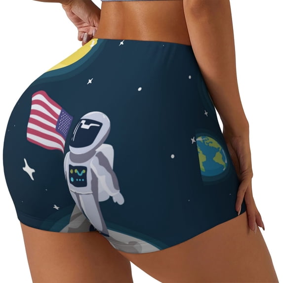 Rateoe Astronaut With USA Flag Printed Power Workout Shorts for Women Tummy Control Squat Proof Ribbed Thick Seamless Scrunch Active Short-Small