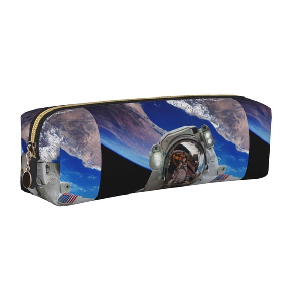 Rateoe Astronaut in Outer Space Print Leather Pencil Case with Smooth Zipper, Compact Storage for Writing Tools & Art Supplies, 8.26" x 1.96" x 2.16"