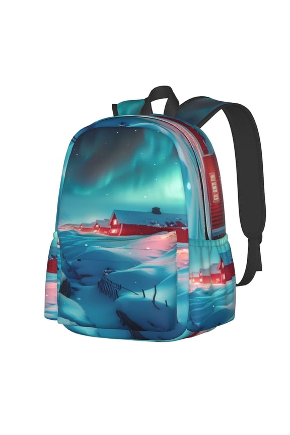 Aurora Borealis Village Pattern Student Backpack,Backpack for School,Lightweight Bag,Travel Backpack,Outdoor Backpack,Large Capacity Backpack