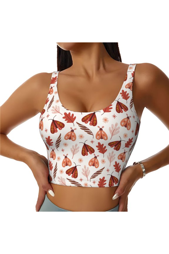 Autumn Brown Butterfly Print Womens' Sports Bras Scoop Neck Sports Vest- Padded U Back Seamless High Impact Support-Small