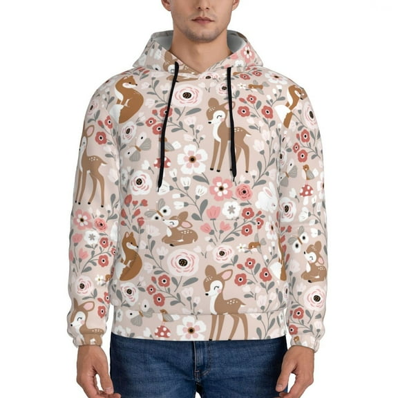 Rateoe Autumn Floral Deer Pattern Mens Hoodie, Pullover Hooded Sweatshirt, Kangaroo Pocket Hoodie Ideal for Daily Wear, Travel and Home-Small