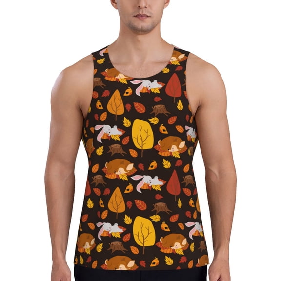 Rateoe Autumn Forest Small Animals Lazy Pattern Sleeveless Gym Shirt Muscle Tee Breathable Workout Shirt Slim-Fit Tank Quick Dry Fit Muscle Tank Top Bodybuilding Sleeveless T Shirt-Small