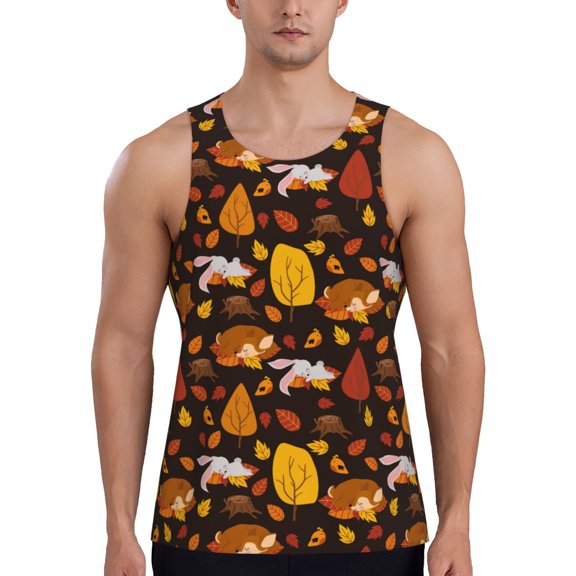 Rateoe Autumn Forest Small Animals Lazy Pattern Sleeveless Gym Shirt Muscle Tee Breathable Workout Shirt Slim-Fit Tank Quick Dry Fit Muscle Tank Top Bodybuilding Sleeveless T Shirt-4X-Large