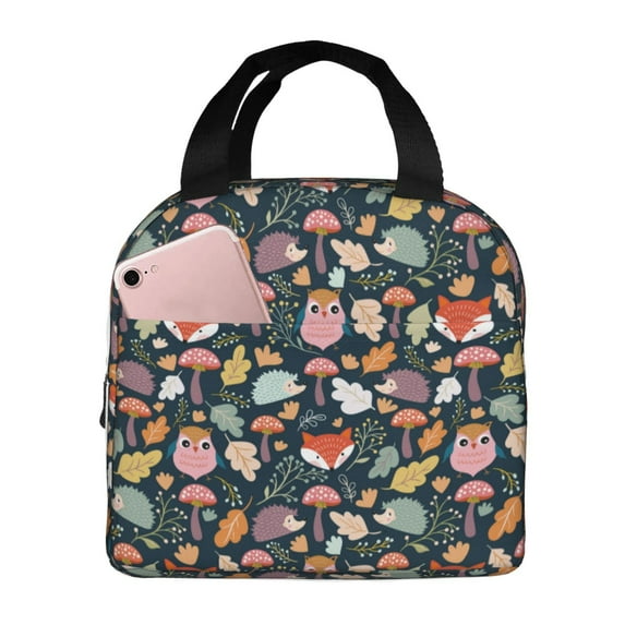 Rateoe Autumn Fox Owl Pattern Insulated Lunch Bag with Thick Aluminum Foil Lunch Tote Bag with Front Pocket for Men and Women, Ideal for Work, School, Picnics, and Travel