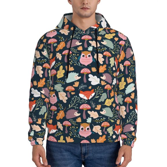 Rateoe Autumn Fox Owl Pattern Mens Hoodie, Pullover Hooded Sweatshirt, Kangaroo Pocket Hoodie Ideal for Daily Wear, Travel and Home-Large