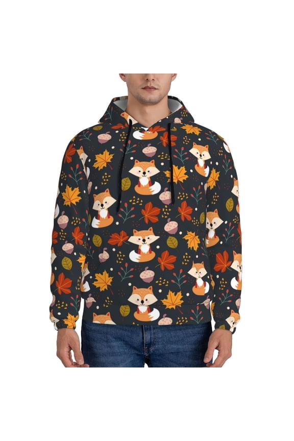 Autumn Fox Pattern Mens Hoodie, Pullover Hooded Sweatshirt, Kangaroo Pocket Hoodie Ideal for Daily Wear, Travel and Home-X-Large