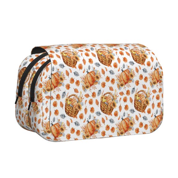 Rateoe Autumn Harvest Baskets Pattern Double Clamshell Pen Case, Storage Organizer with Two Zipper Compartments– Holds Up to 50 Pencils & Pens