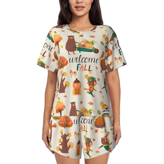 Rateoe Autumn In The Forest Pattern Women's Short-Sleeved Pajama Set - 2 Piece Soft and Lightweight Sleepwear Set-XX-Large