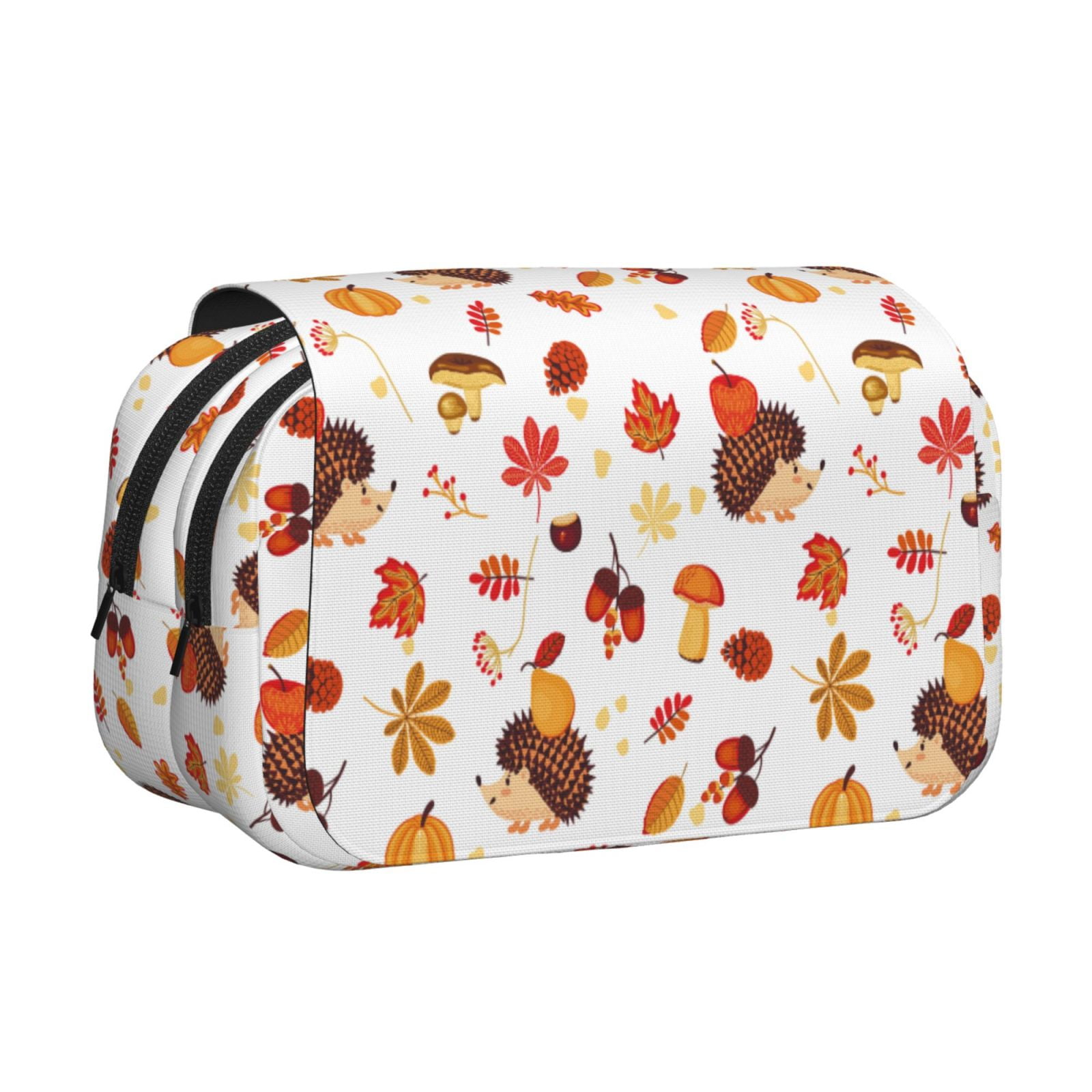 Rateoe Autumn Maple Leaf with Hedgehog Pattern Double Clamshell Pen Case, Storage Organizer with Two Zipper Compartments– Holds Up to 50 Pencils & Pens