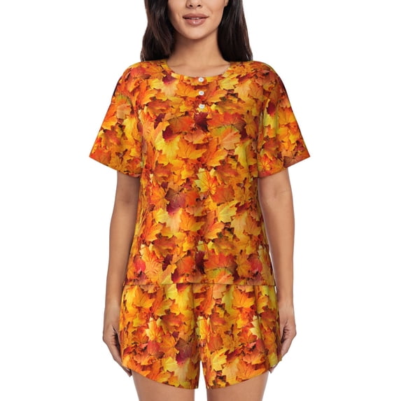 Rateoe Autumn Maple Leaf Pile for 2 Piece Short Sleeves Pajama Sets Casual Lounge Sleepwear Ladies Pjs Sets with Pocket-Large