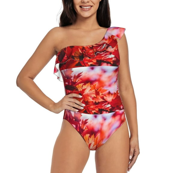 Rateoe Autumn Maple Leaves Pattern Women One Piece Swimsuits Tummy Control One Shoulder Bathing Suits Ruffle Swimwear-XX-Large