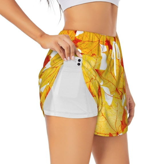 Rateoe Autumn Maple Leaves Printed 2 in 1 Women's Workout Shorts for Athletic Gym Running Shorts with Phone Pockets-XX-Large