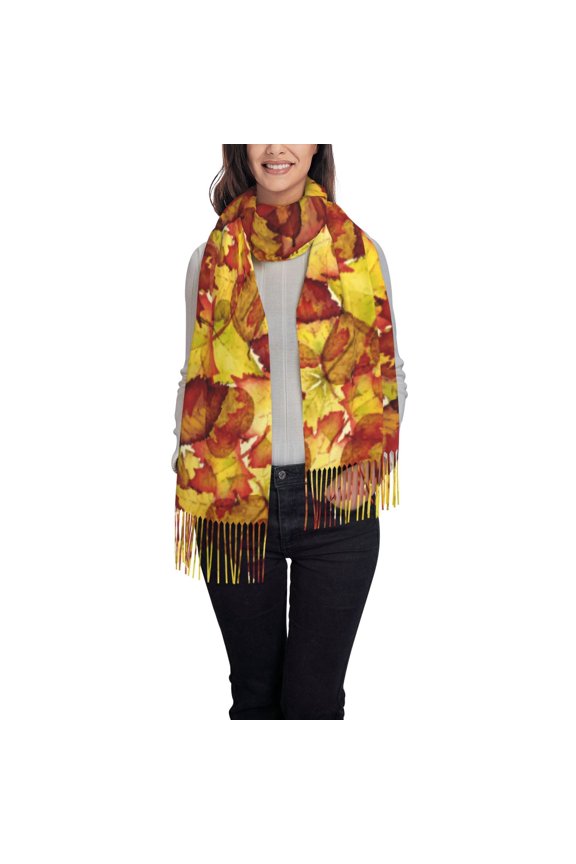 Autumn Mosaic Maple Leaves Women's Traditional Scarf Wrap Tassel Shawl Fringes Neck Head Shawl Retro Scarf