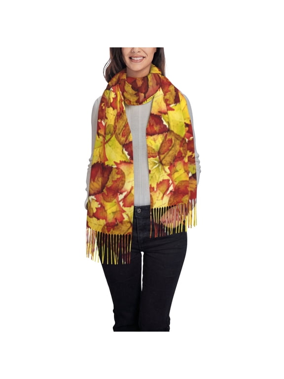 Autumn Mosaic Maple Leaves Women's Traditional Scarf Wrap Tassel Shawl Fringes Neck Head Shawl Retro Scarf