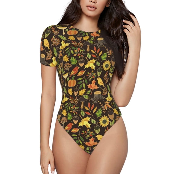 Rateoe Autumn Plants Maple Tree Vintage Printed Women Rash Guard Short Sleeve,Tummy control Swimsuit Surfing Swimsuit Bathing Suit Short-sleeved Onesie UPF 50+ -Large