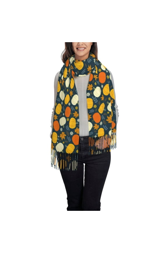 Autumn Pumpkin Maple Leaf Plants Women's Traditional Scarf Wrap Tassel Shawl Fringes Neck Head Shawl Retro Scarf