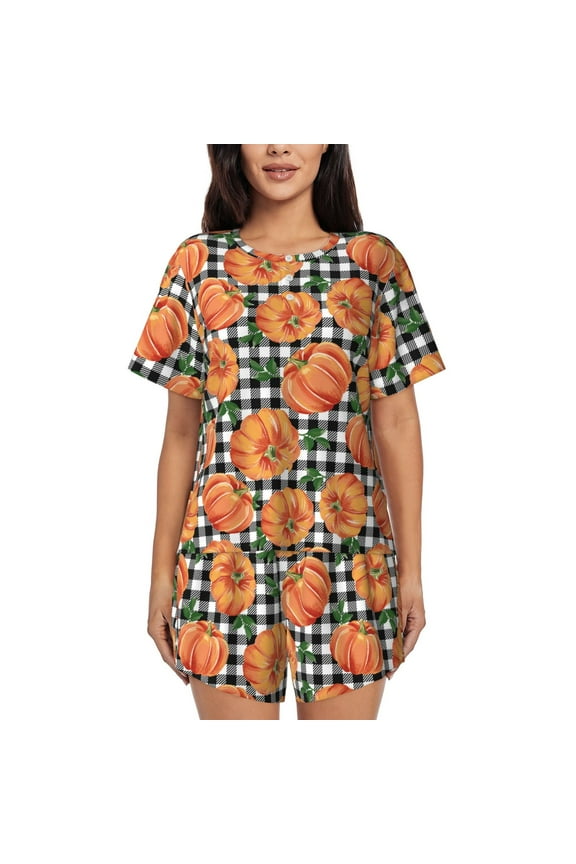 Autumn Pumpkins Gingham for 2 Piece Short Sleeves Pajama Sets Casual Lounge Sleepwear Ladies Pjs Sets with Pocket-Medium