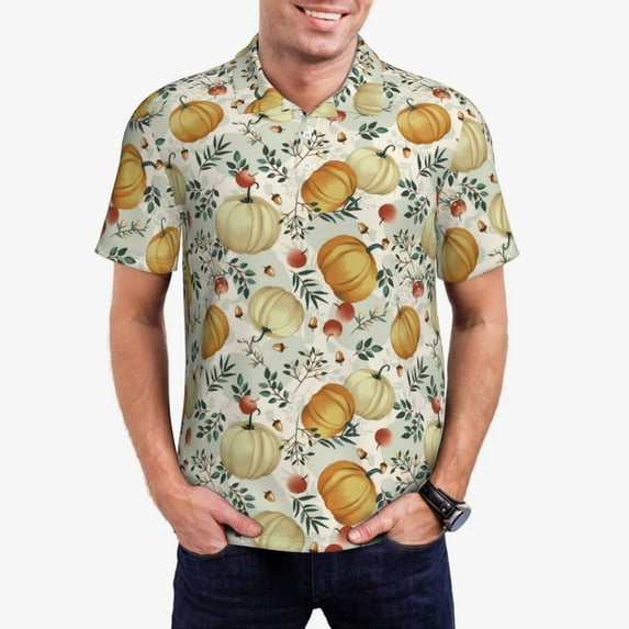 Rateoe Autumn Pumpkins Leaves Pattern Men's Short Sleeve Polo Shirts, Golf Polo Shirts Short Sleeve Performance Moisture Wicking Dry-X-Large