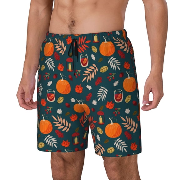 Rateoe Autumn with Pumpkins Pattern Men’s Swim Shorts with Compression Liner – Double-Layered Quick-Dry Swimwear, Comfortable & Stretchy Beach Shorts-Large