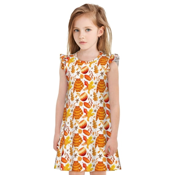 Rateoe Autumn Sweater Warmth Pattern Girls Nightgowns Pajamas Dress Knee-Length Sleepwear Flutter Sleeve Dress Kids Home Wear-X-Large